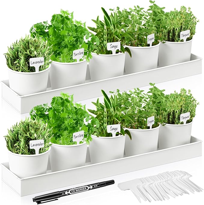 FoldTier 2 Sets Herb Garden Planter Indoor Kit with Trey 10 Pcs Metal Windowsill Plant Pots with Drainage Holes Indoor Herb Planter with Marker and Labels for Home Outdoor Plants(White)