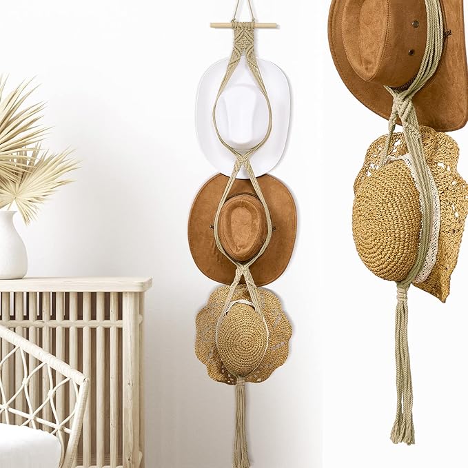 Yulejo Macrame Hat Hangers Boho Hat Rack Cowboy Hat Hanger Back of Door Hat Organizer (Beige,Three Hats Style)