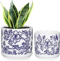 Set of 2 Blue and White Ceramic Plant Pots with Drainage Hole and Saucers, Retro Blue Porcelain Flowers Round Planters for Succulent Cactus Indoor Outdoor Garden Home Desktop Decor, 4.5+5.5 Inch
