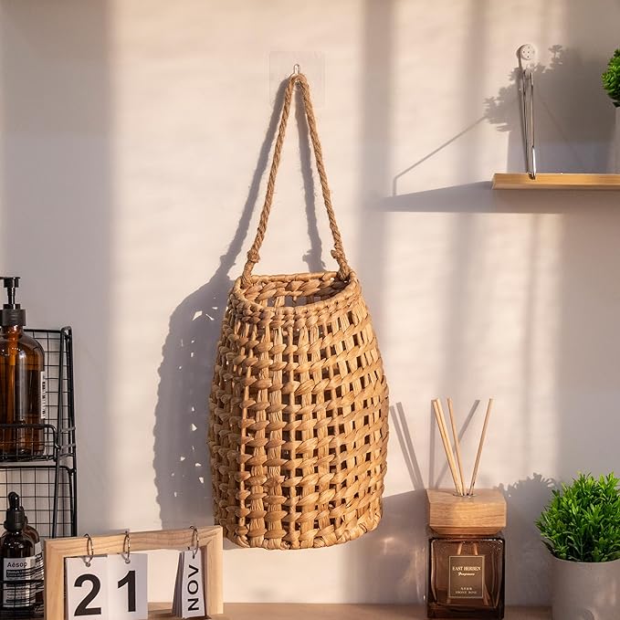 Woven Water Hyacinth Hanging Basket Door Hanging Basket Wall for Home Garden Farmhouse (Water Hyacinth)