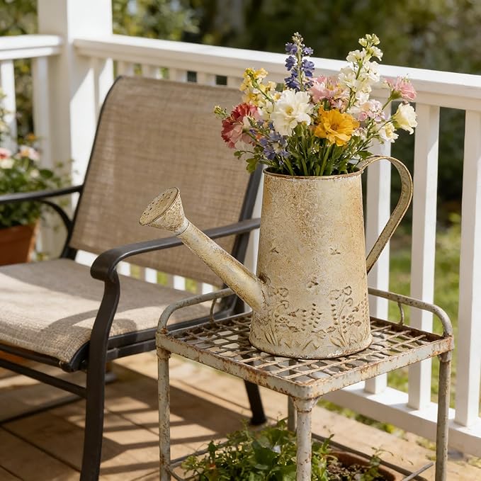 Vintage Distressed Gold Flower & Garden Watering Can, Decorative Metal Watering Pot Planter for Home Patio Backyard Outdoor Plant Care, Rustic Farmhouse Home Decor Accent