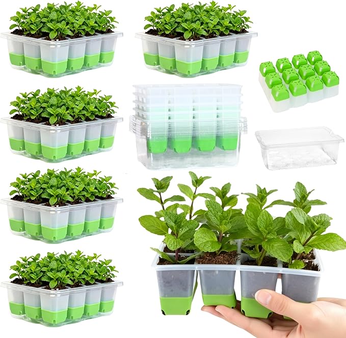 Seed Starter Tray,5-Pack Reusable Silicone Seed Starter Tray with 5 Base Trays,Foldable Design for Easy Transplanting,Indoor Gardening Supplies for Vegetables, Flowers & Herbs,60 Cells Total