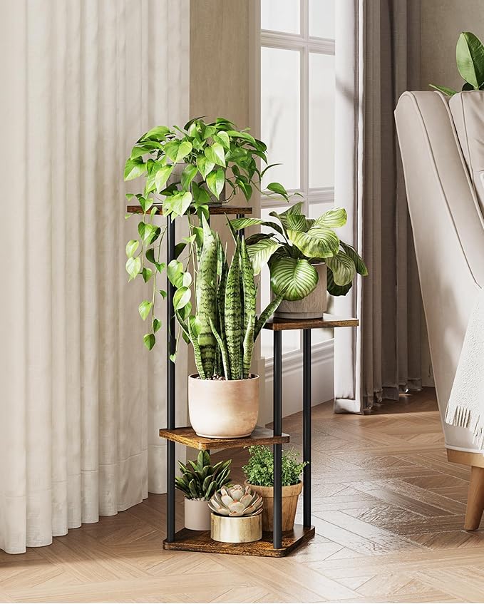 GENTINGBRO Tall Plant Stand Indoor 4 Tiered Plant Shelf for Multiple Plants Coner Shelf Stand Wood Plant Stand Metal Shelving for Living Room Bedroom Balcony Patio Brown Oak