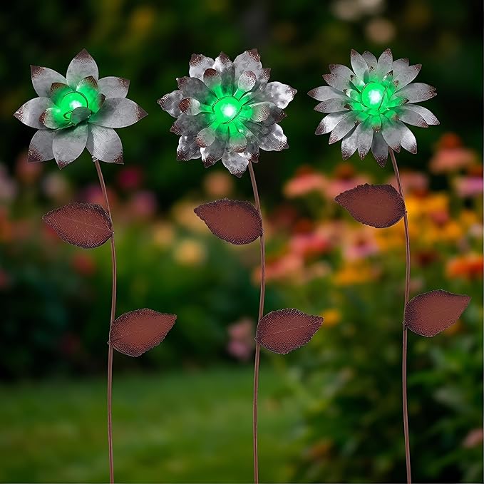 Metal Floral Garden Stake Outdoor Glow in Dark Silver Plant Pick Water Proof Metal Flower Stick Décor for Lawn Yard Patio,3 PCS