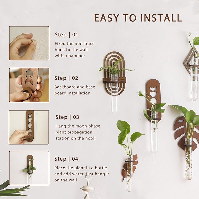 Artilady 2 Pack Plant Propagation Station Wall Hanging Wooden Moon Phase Plant Terrarium for Hydroponics Home Office Decor Test Tube Propagate Air Plant Cutting Holder