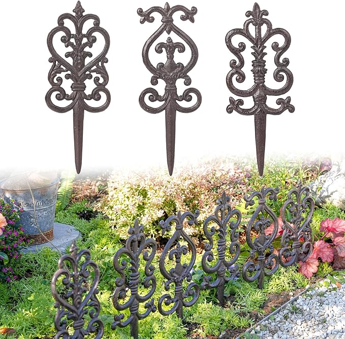 Sungmor Vintage Cast Iron Garden Stakes - 3PCS Ornate Metal Plant Stakes for Yard Art, Patio,Lawn Ornamentation,5.3inch Tall Antique Black Finish,Exquisite Garden Decor