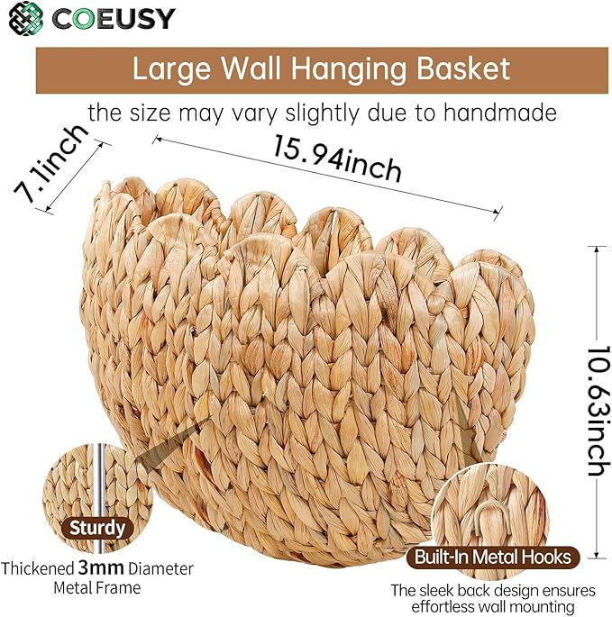 Coeusy Scalloped Wall Basket,Boho Wall Decor Basket,Big Wicker Hanging Baskets for Nursery,Door,Plants,Mail,Natural Water Hyacinth