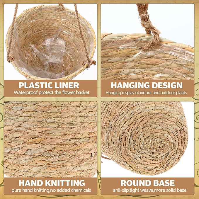 6 Pcs Seagrass Hanging Planter Basket Hand Woven Plant Basket with Plastic Liners Hanging Plant Holder Storage Containers with Cotton Rope for Indoor Garden Decor (Medium,Brown)