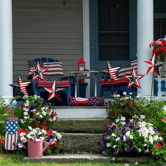 6 Pcs 4th of July Decorations Outdoor,22" Patriotic Metal Barn Stars Decorative Garden Stakes for Independence Day,Americana Patriotic Yard Signs Decor for Garden Lawn Porch
