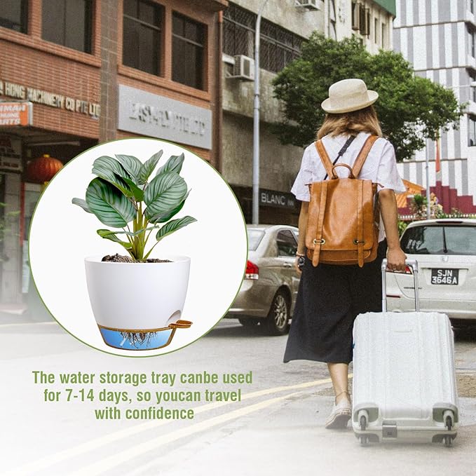 WSMKSZ 10 inch Self Watering Pots, 2 Pack Plastic Planters with Mesh Drainage Holes for Garden Plants, Plants Pots with Deep Reservoir for Indoor Outdoor Plants, White with Brown