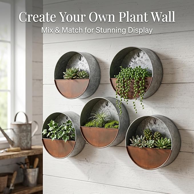 Topadorn Hanging Planter Flower Pot Galvanized Metal Container Wall Pocket Garden Bucket Metal Pot for Indoor or Outdoor Balcony Patio, Round 12" H
