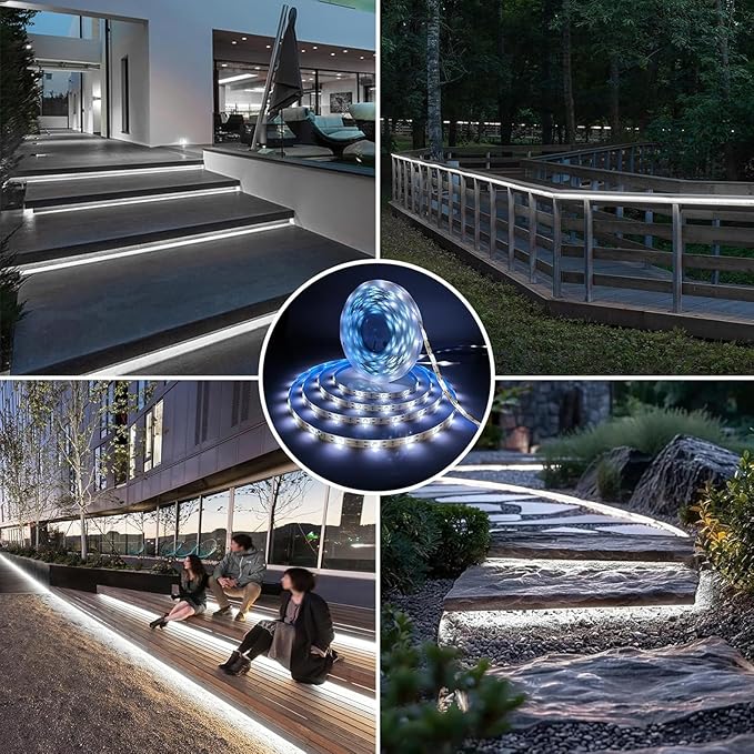 Solar LED Strip Lights Outdoor Waterproof Solar Powered Rope Light 19.6FT 180 LED 6000K White Cuttable Tape Lighting for Outside, Pool, Stair, Sign (Upgraded Version)