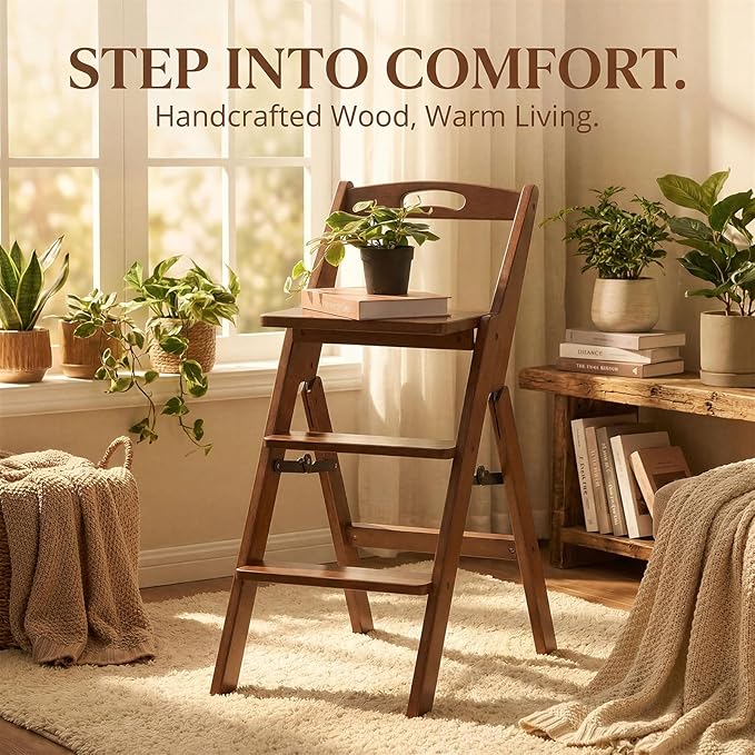 Baveke 3 Step Ladder Folding Step Stool with Handle, Wooden Step Stool Foldable and Kitchen Step Stools for Adults, Closet Stepstool & Collapsible Stool for Kitchen, Home, Indoor（FSC-Certified Bamboo）
