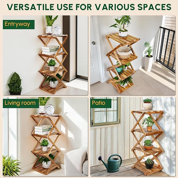 BEEFURNI Acacia Ladder Plant Stand Indoor Corner, Wooden Outdoor Plant Stand 4 Tier, Foldable Multi Tier Plant Stand, Corner Plant Stand Indoor, Tall Plant Rack For Office, Balcony, Patio, 1-year Warranty