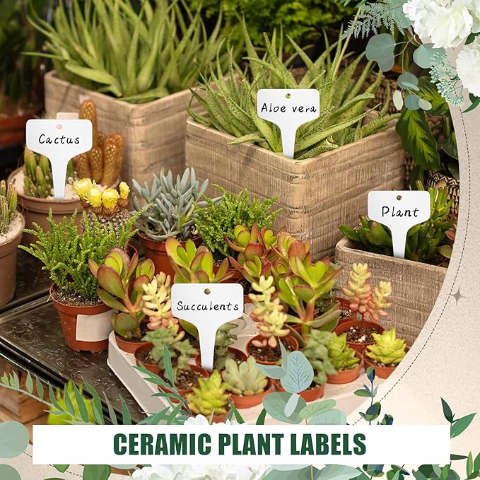 DoubleFill 20 Pcs Ceramic Plant Labels 3.9 x 2.4 Inch Plant T Type Tags Waterproof Nursery Garden Marker Signs with Marker Pen for Outdoor Garden Flower Herb Pot