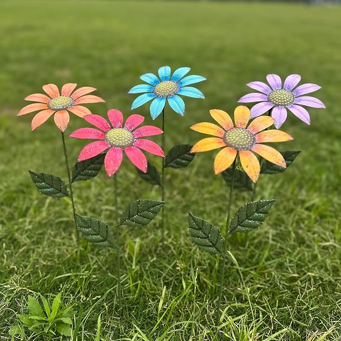 HUTHDAK Metal Flowers for Outside,5 Pack 16.15" Decorative Garden Stakes with Swaying Flowers Head Yard Art,Spring Garden Decor for Lawn, Pathway & Yard