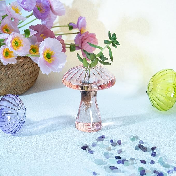 6 Pcs Colored Mushroom Glass Propagation Vases for Plants, Hydroponic Bud Vase Plant Propagation Stations Decor, Glass Terrariums for Indoor Plants, Cute Mushroom Vase Gifts for Women & Planter Lovers