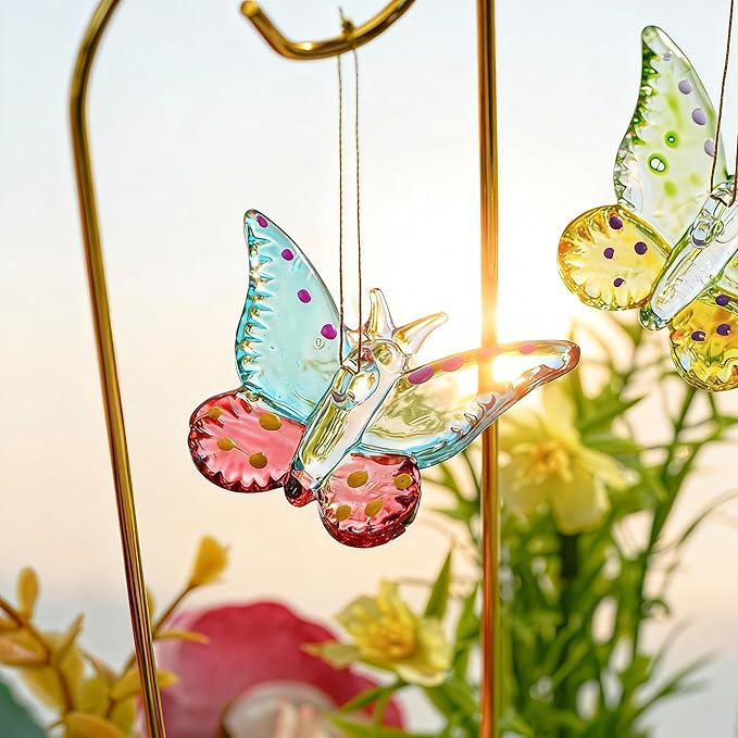 HDCRYSTALSGIFTS 4pcs 1.5'' Colorful Butterfly Plant Stakes Blown Glass Butterflies with 13.5'' Tall Garden Stakes for Flower Arrangements, Indoor Outdoor Plant Accessories, Home Tea Party Wedding