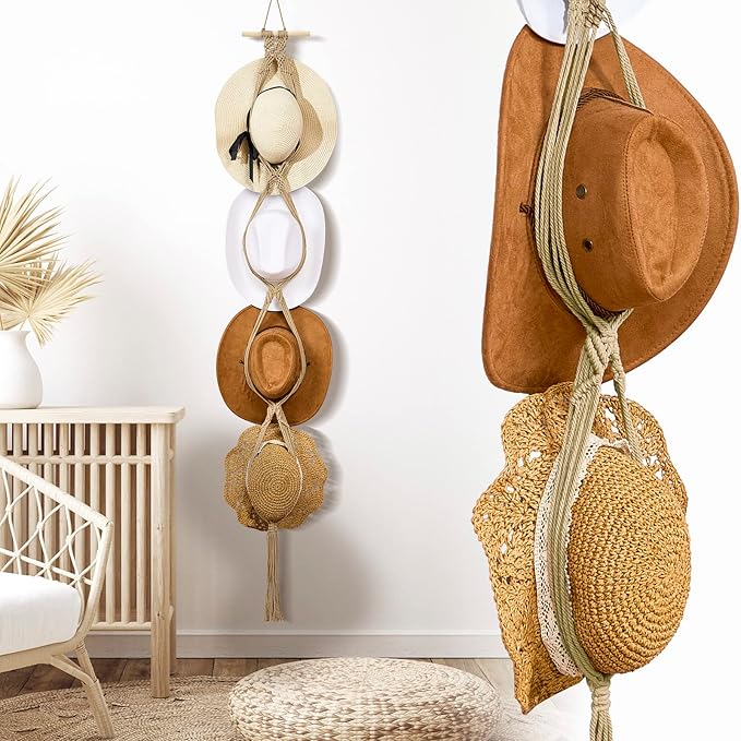 Yulejo Macrame Hat Hangers Boho Hat Rack Cowboy Hat Hanger Back of Door Hat Organizer (Beige,Four Hats Style)