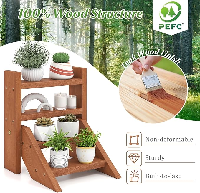Giantex Plant Stand for Desk, 4-Tier Small Tabletop Ladder Shelf for Succulents, Indoor Window Sill Flower Rack, Wooden Desktop Plant Holder for Home, Kitchen, Office, Countertop Display Organizer