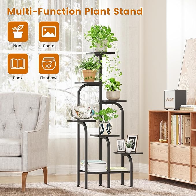 Asgolion 6 Tier Plant Stand Indoor, Plant Shelf for Multiple Plants, Flower Pot Holder Shelf, Planter Display Rack for Patio Garden Balcony Living Room Bedroom Decor, Black