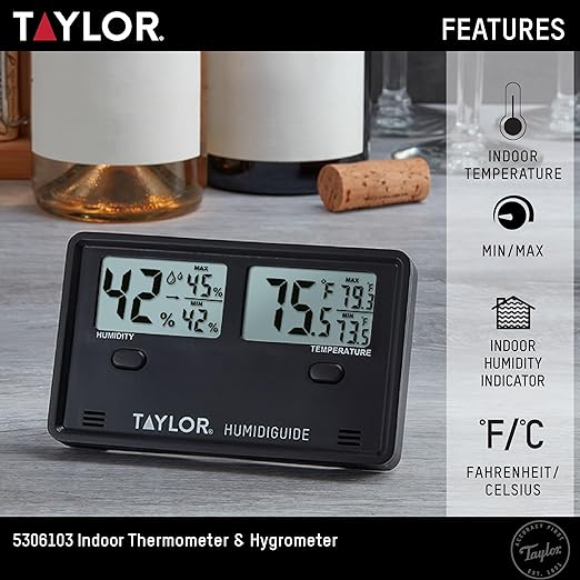 Taylor Wireless Digital Indoor Outdoor Thermometer and Hygrometer, Dual Display for Temperature and Humidity, Easy-to-Read for Home, Office, Greenhouse, Nursery, and Indoor Areas, Min/Max Black