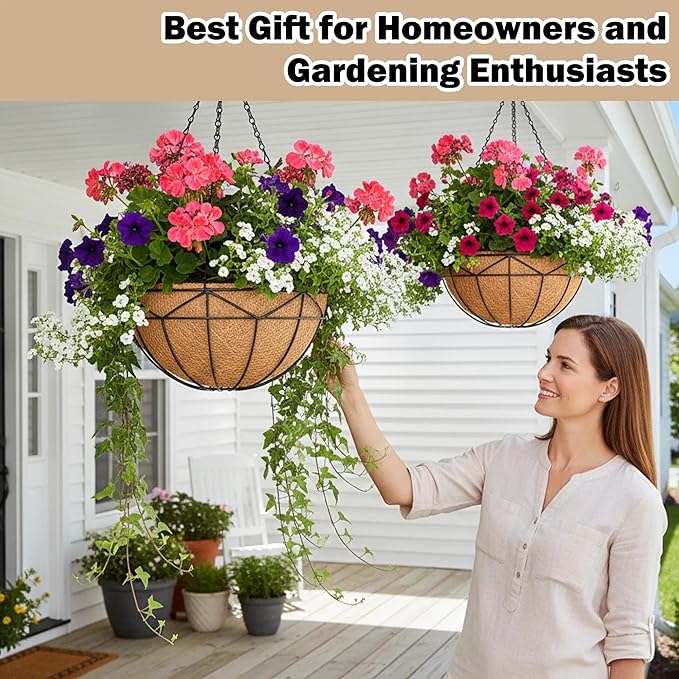Hanging Baskets for Outdoor Plants (12 inch 4 Pack) Black Metal Wire Flower Basket Coconut Coir Hanging Planters with Chain Indoor Plant Holder for Patio Garden Balcony