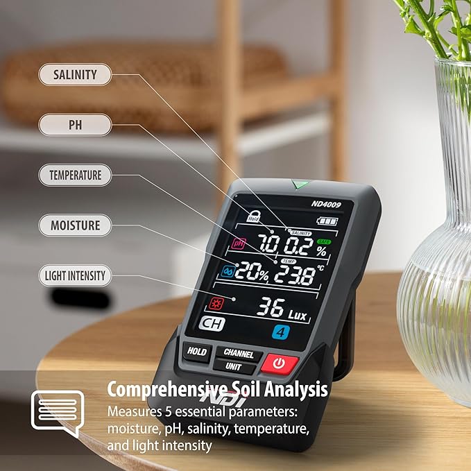 NDI Multifunctional Soil Meter,up to 5 Probe with Wireless Transmission,pH, Salinity, Temperature,Light Intensity with Acoustic Wave Growth Assistance, for Gardening, Landscaping, and Soil Testing