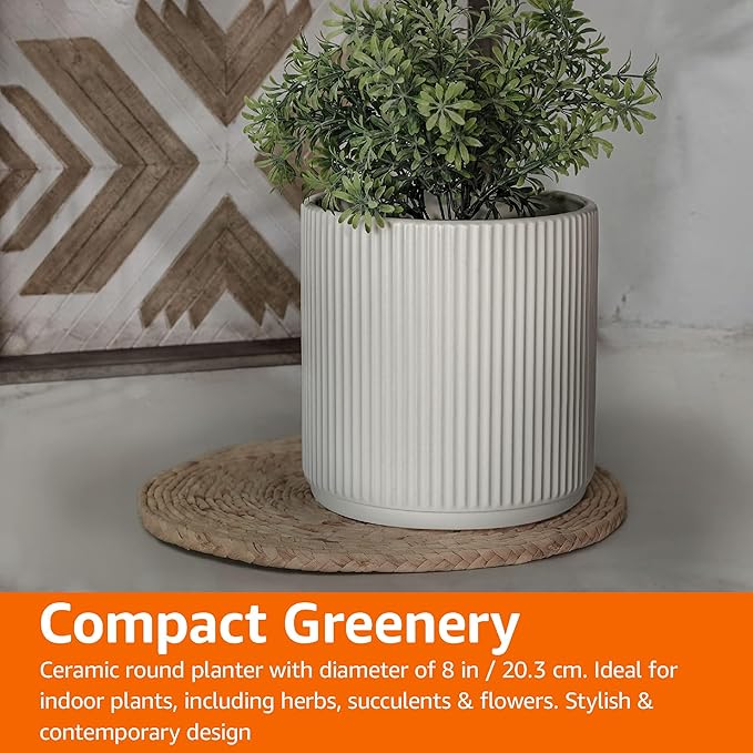 Amazon Basics Fluted Ceramic Round Planter with Drainage Hole, 8-inch, White, Indoor Outdoor, Modern Decorative for Indoor Plants