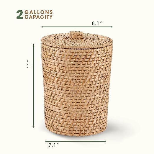 84ECO Wicker Trash Can with Liner and Lid - Rattan Trash Can - Wicker Waste Basket for Bathroom, Bedroom, Office - Rattan Waste Basket