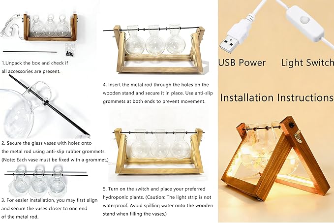 Plant Propagation Stations with LED Lights, Plants Terrarium with Retro Wooden Stand Glass Vase Hydroponics Planter Birthday Gift for Plant Lovers Home Garden Office Indoor Decoration-3 Bulb Vase