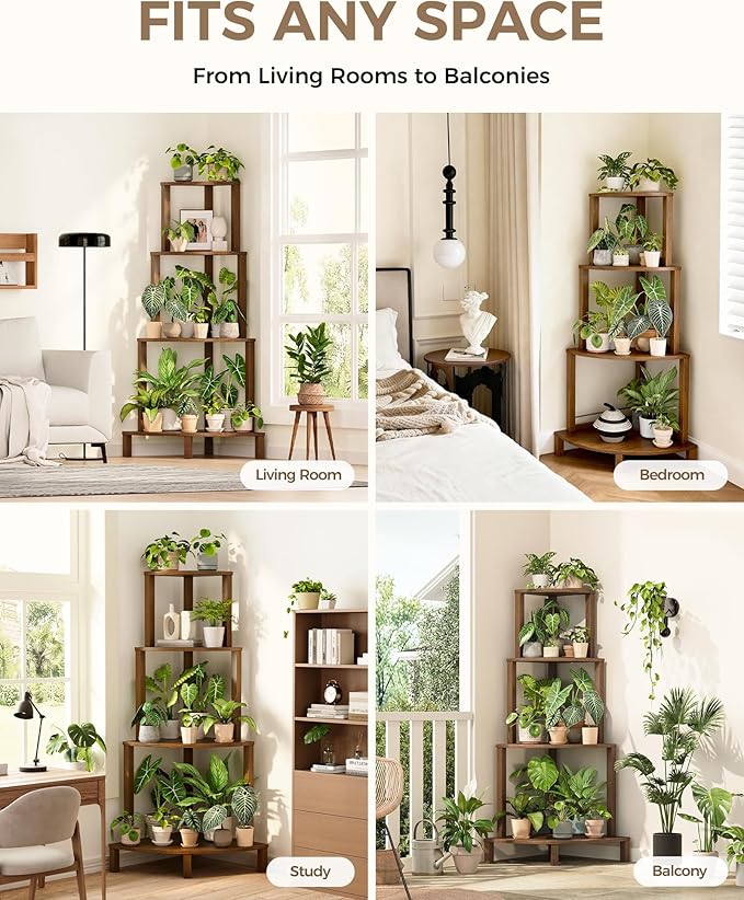 Bamworld Corner Plant Shelf 4-Tier Plant Stand Indoor Wood Plant Rack 66 Inch Tall Shelves Garden Decor for Living Room Balcony