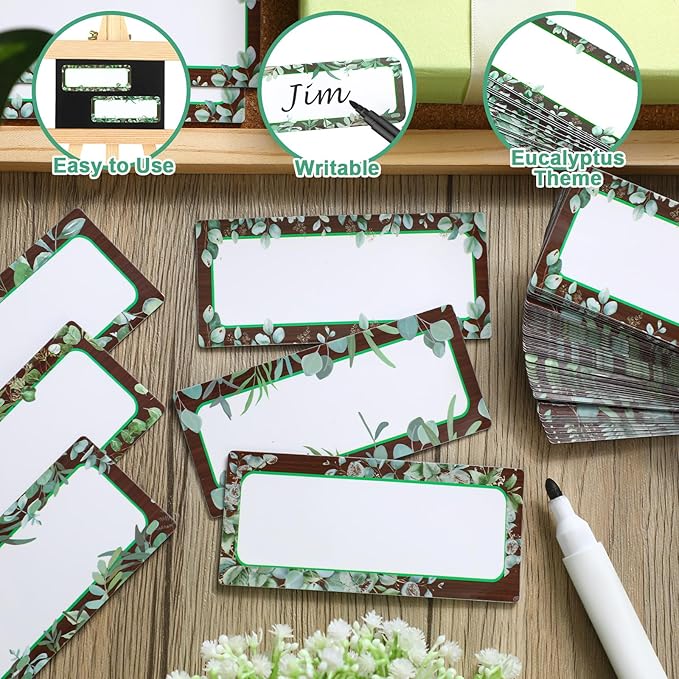 Kanayu 48 Pcs Eucalyptus Magnetic Dry Erase Labels Reusable Name Tag Plate Flexible Magnetic Label Sticker Blank Writable Card for Whiteboard Classroom Home Office Fridge(Stylish,1.97 x 4.53 Inch)