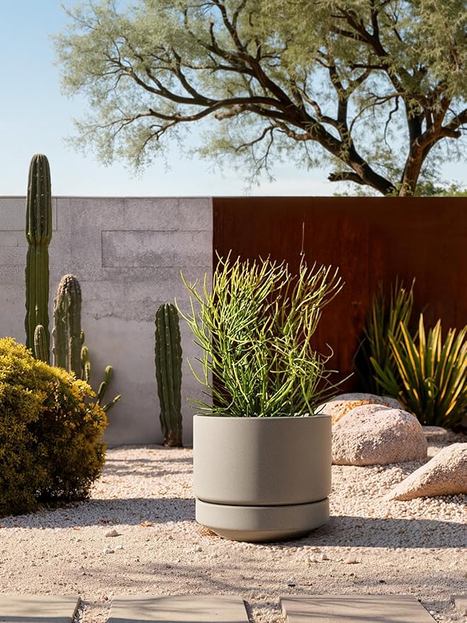 LE TAUCI Large 14 Inch Plant Pot with Saucer | Ceramic Outdoor & Indoor Big Planter Pot | Drainage Hole, Mesh Pad | Unglazed Porous | Modern Minimalist for Home and Patio – Neutral Gray