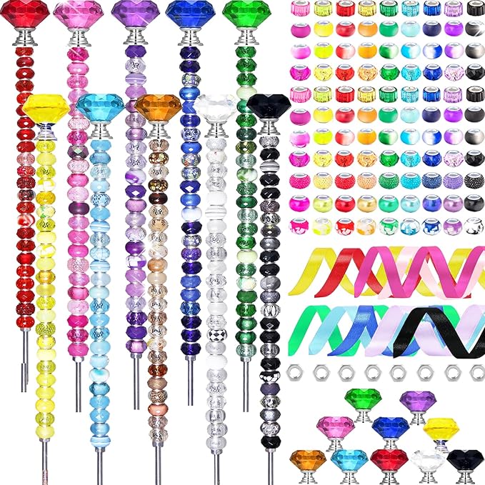 291 Pcs Beaded Garden Stakes Kit, DIY Fairy Wand Garden Stakes Beads Kit Colorful Large Hole Bead Crystal Stopper Top 10 Stainless Steel Threaded Rod Beaded Fairy Wands Supplies For Outdoor Decorative