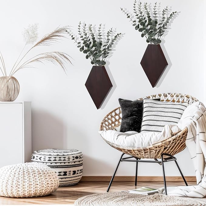 Chunful 2 Pcs Wooden Wall Planter Decor Hanging Faux Plants Greenery Flowers Holder Vase Boxes for Wall Bohemian Farmhouse Room Kitchen Office Indoor Decoration(Brown,9.8 x 6.6 x 1.2 Inches)