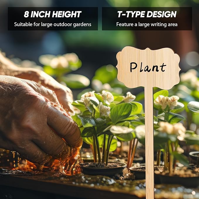 Jingmore 50 Pcs Bamboo Garden Markers Plant Labels 8 Inch Extra Long Plant Tags for Seedlings with Pen T-Type Tags Waterproof Nursery Garden Signs for Outdoor Flower Herb Potted