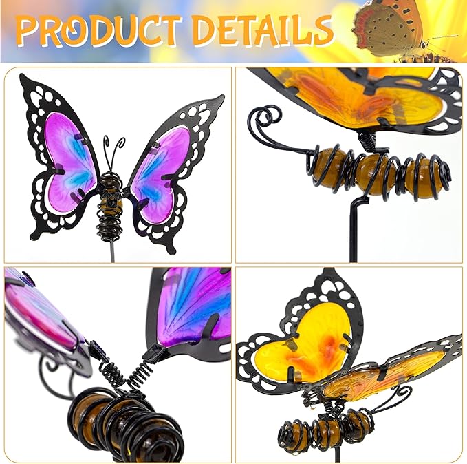 Butterfly Garden Stakes,Butterfly Kit Made of Glass and Metal,Colorful Butterflies Garden Decorations Can Make the Garden Full of Color and Vitality. (Yellow and Purple)