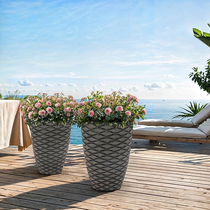 Autodaya 20" Tall Planters Set of 2, High-Density Resin Wavy Outdoor Pots for Plants, Versatile Indoor/Outdoor Flower Pots w/Drainage Holes for Patio, Garden, Porch & Living Room Decor, Ideal Gift