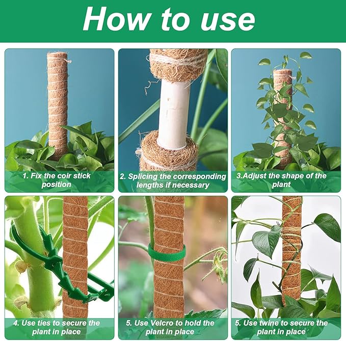 4 Pcs Moss Pole Monstera Plant Support, 15.75" Plant Support Stakes for Indoor Plants, Stackable Moss Poles Sticks Plant Poles for Climbing Plants Garden Potted Plants Pothos + Accessories