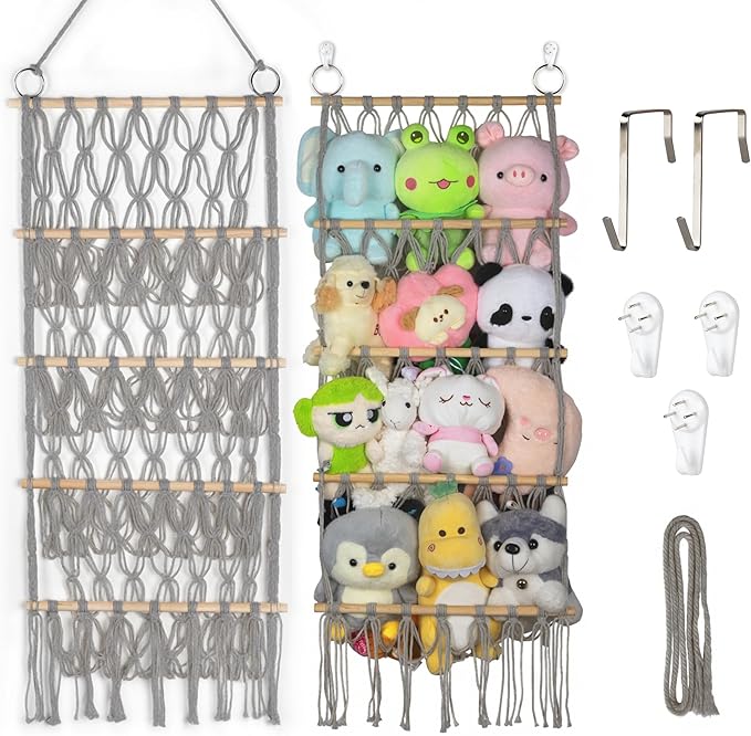 42cm Wide Gray Stuffed Animal Storage Hammock Corner Wall Hanging Storage Holder Boho Macrame Plush Toy Organizer Net for Stuffed Animal