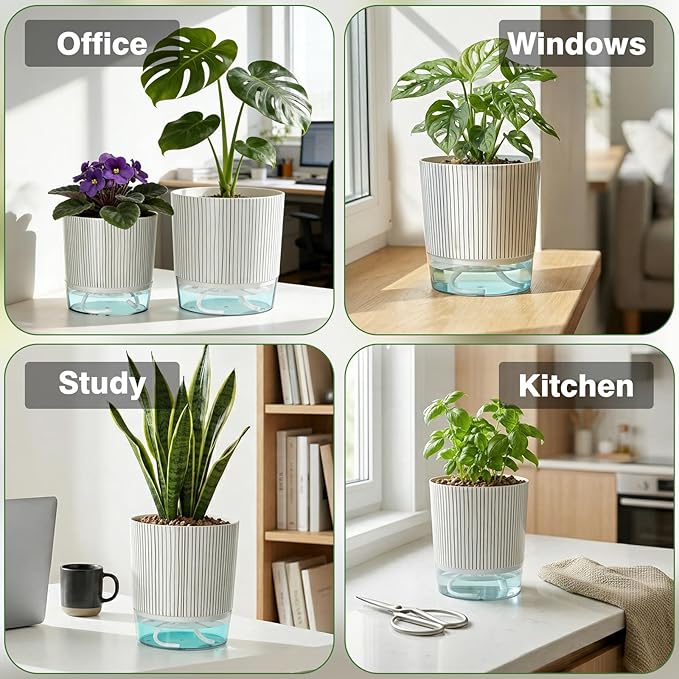 4 Pack Self Watering Pots Set, 4+5.5 Inch Self Watering Pots for Indoor Plants, Planter Pot with Wick Rope and Reservoir for African Violet, Spider Plant, Orchid