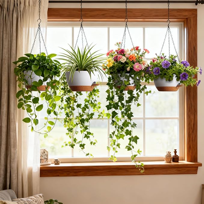 UOUZ 4 Pack 8 Inch Self Watering Hanging Planters for Indoor Outdoor Plants，Hanging Pots for Plants with Drainage Removable Tray, Hanging Baskets Flower Pots for Pothos Garden Porch White with Brown