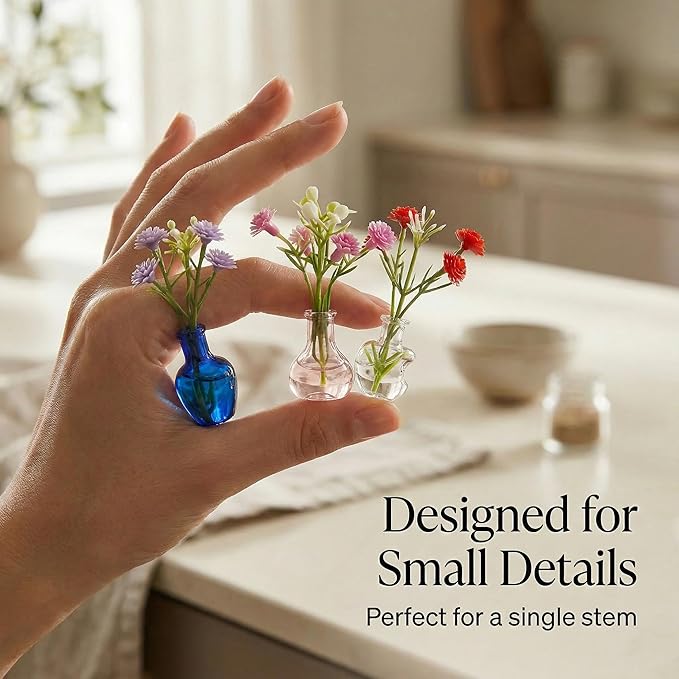 10-Pack Magnetic Mini Clear Glass Bud Vases for Fridge - Strong Magnets, Leak-Proof Propagation Vases with 10 Faux Flowers for Mom, Locker and Cubicle Decor(Sea Glass Green)
