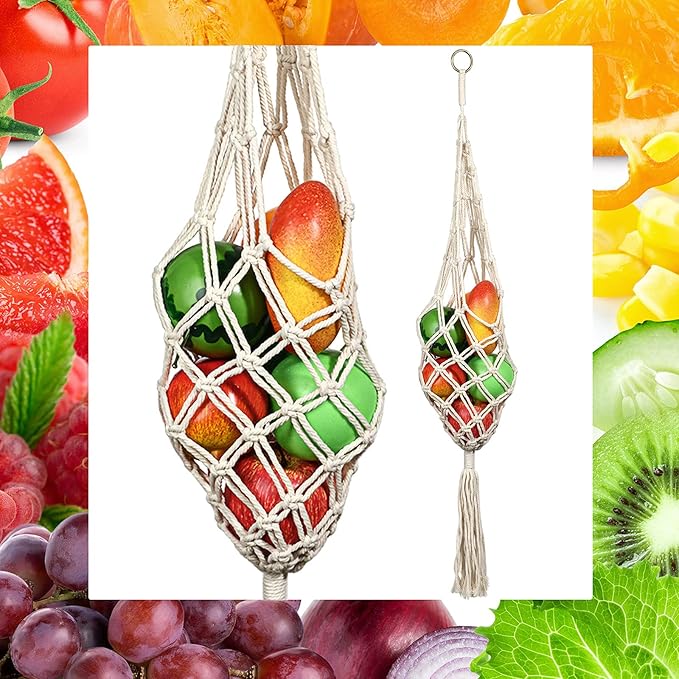 Geiserailie 2 Pieces Hanging Fruit Basket Macrame Hanging Basket Vegetable Breathable Storage decor for Potato Onion and Fruit Storage Boho Decor for Kitchen