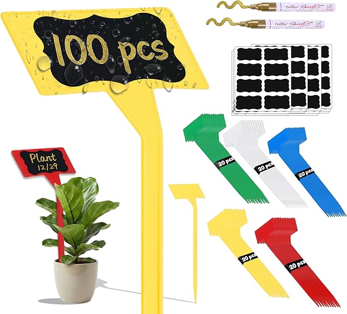 100 Pack Large 11.8" Plant Labels for Outdoor Garden Waterproof, T-Type Garden Label Stakes & Plant Tags with Black Stickers & Gold Pen, Tall Plant Markers for Outdoor Plants, Vegetables