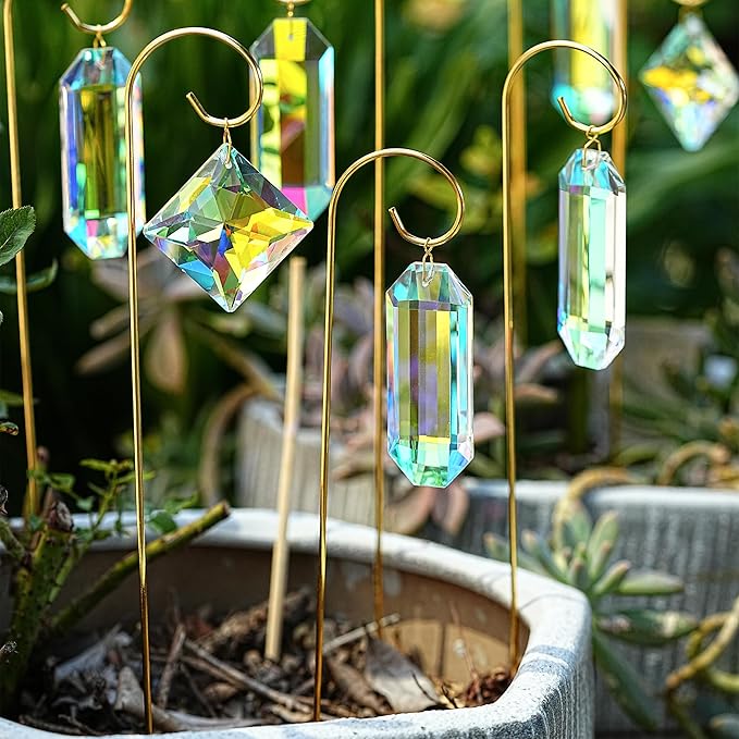 H&D HYALINE & DORA 7 Pack AB Colored Crystal Suncatcher Small Trellis Golden Plant Stake for Potted Plants Indoor Decoration 13.7 Inch