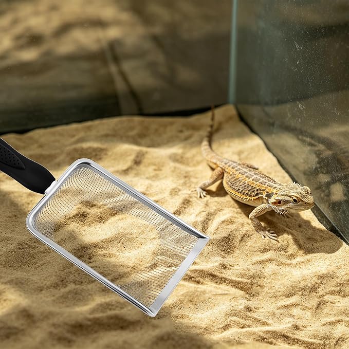 Stainless Steel Mesh Litter Shovel, Metal Non-Slip Black Handle Sifter, Fine Mesh Reptile Cleaner Scooper for Lizard Substrate, Reptile Terrarium Sand & Waste