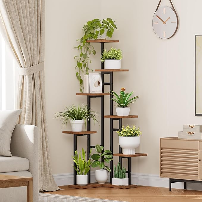 HOOBRO Corner Plant Stand Indoor, 7-Tier Plant Shelf for Multiple Indoor Plants, Corner Plant Rack Organizer, Square Flower Stand, for Living Room, Balcony, Patio, Rustic Brown and Black BF01HJ01