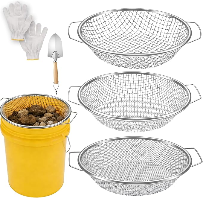 3PCS Soil Sifter for Gardening, Rock Soil Sifter with Handle Compost Sifting Screen for 5 Gallon Buckets with Metal Garden Tool Shovel Gloves 3,6,10mm Mesh Sizes Remove Stone Fine Gravel Sand Dirt